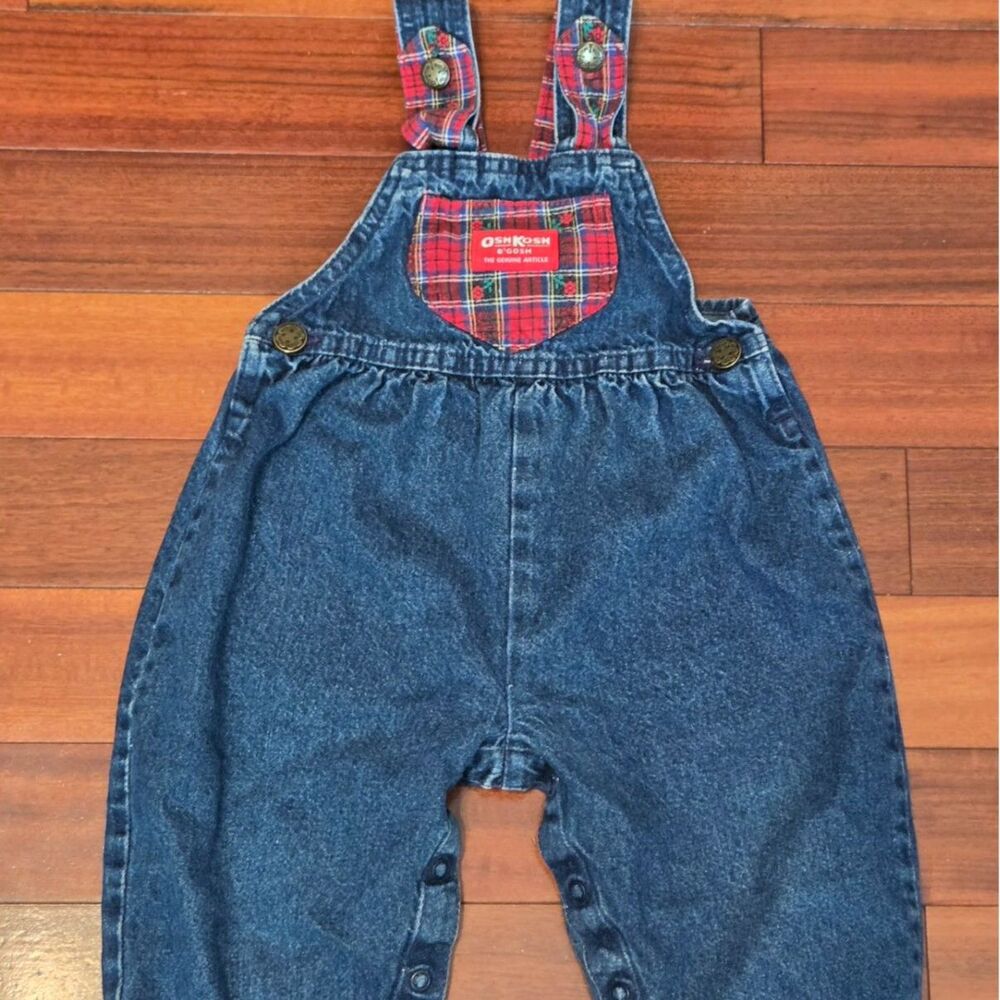 Vintage Oshkosh B'gosh Denim 2T Overalls Red Plaid Trim Bow Accent
